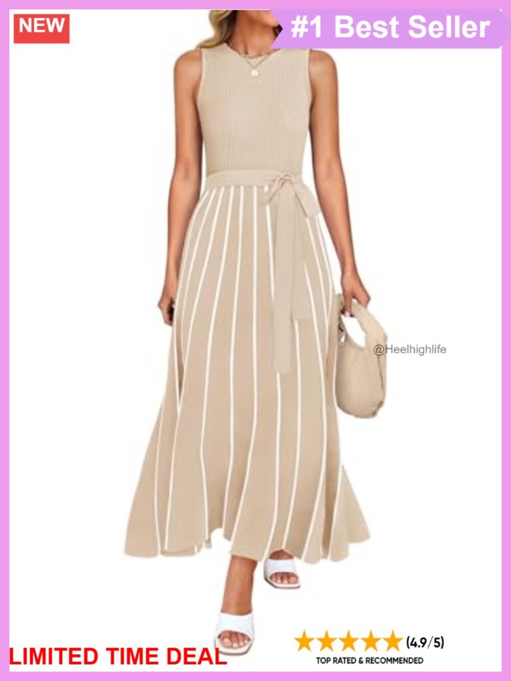 Ribbed Knit Sleeveless Tie Waist A-Line Maxi Sweater Dress